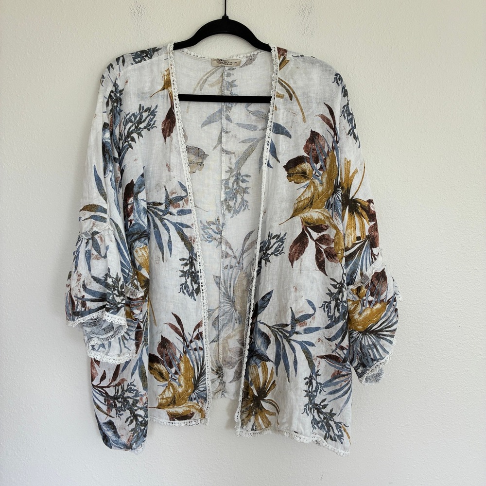 Francesca Bettini Italy Linen Kimono Top Womens O/S Floral Ruffle Sleeve Crochet